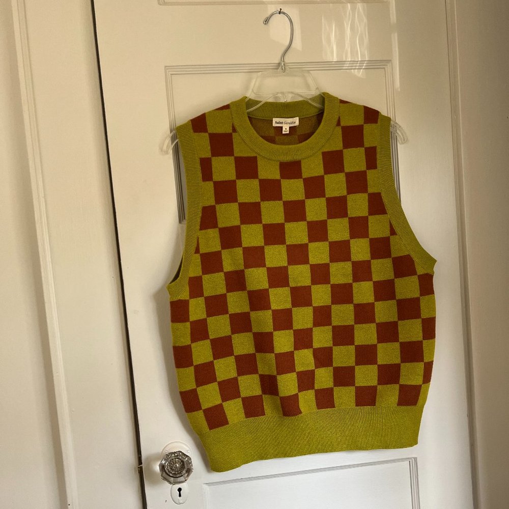St. Geraldine Sweater Vest, Checked Green & Brown, Small, Never Been Worn